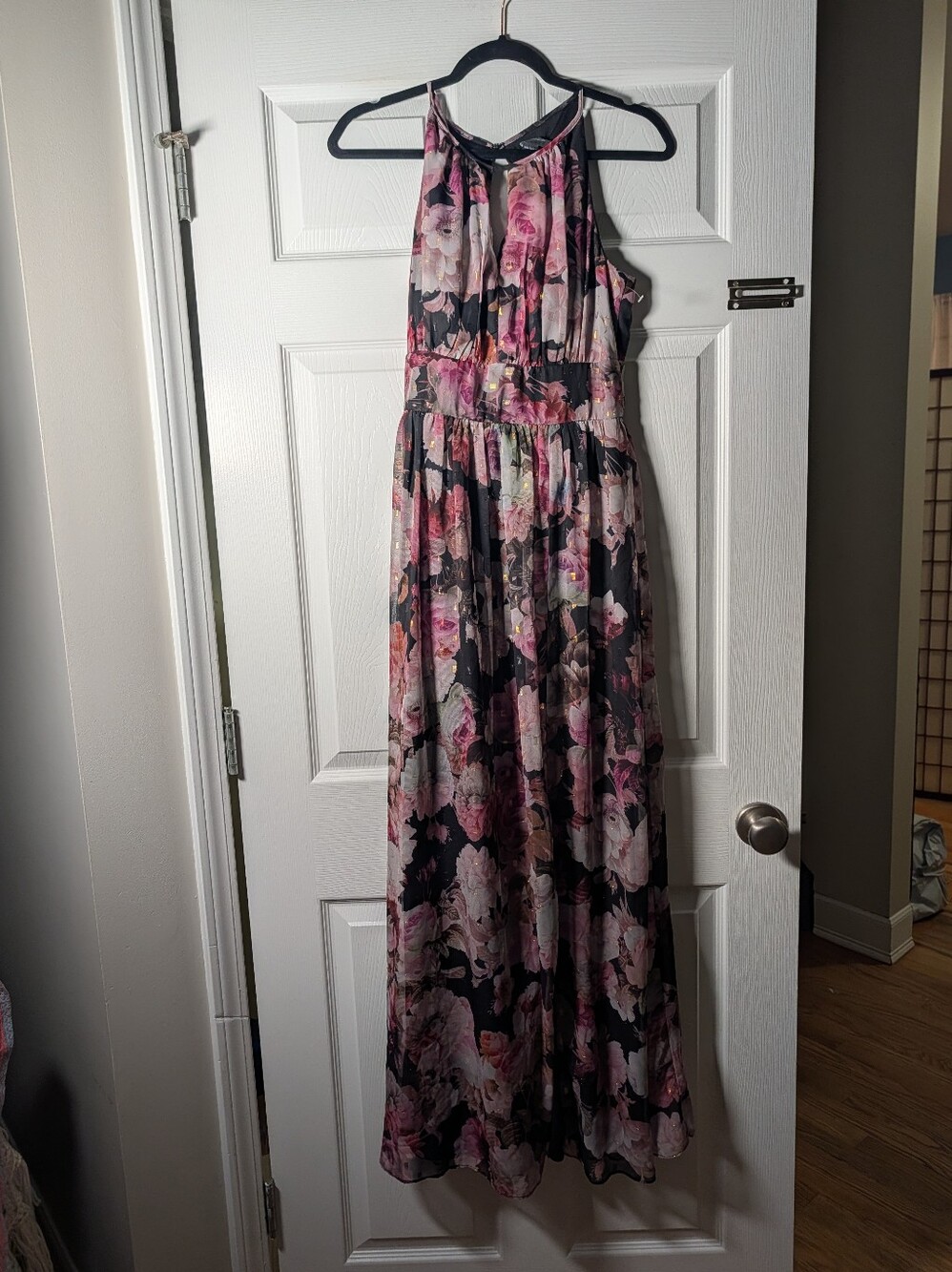 Ralph Richards Floral Maxi Dress Black Pink Gold Metallic Sleeveless Size 6